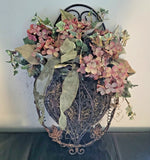 Vintage Metal Iron Flower Basket Wall Hanging with Hydrangea Bouquet 19h x 11w Hydrangea