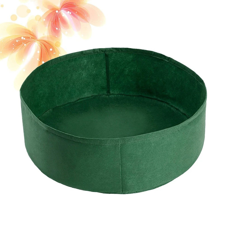 Round green fabric grow bag planter with open top and stitched seams
