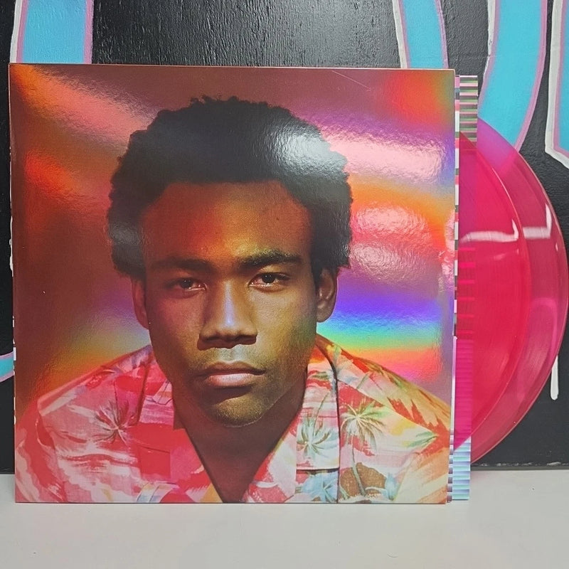 Vinyl record album cover with face portrait in pink, orange, and rainbow colors