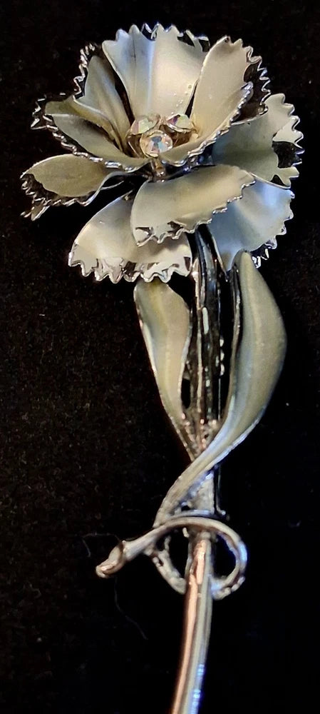 Vintage Large Long Stem Flower/Carnation Brooch Pin Silver Tone AB Center Carnation