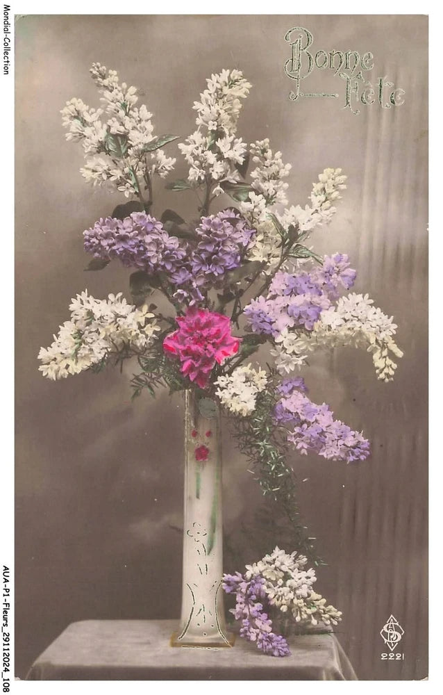 Happy Holiday carnation bouquet in tall vase with white, purple and pink blooms