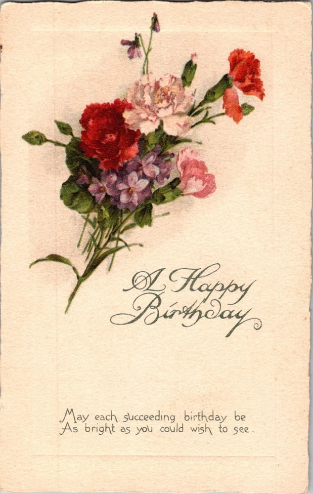 Antique birthday postcard with red carnations and violet floral bouquet, Happy Birthday