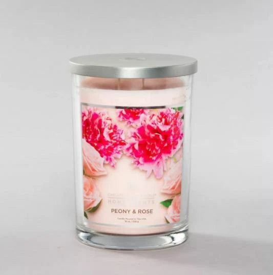 Peony & Rose 2-wick candle in clear glass jar with pink floral label and silver lid