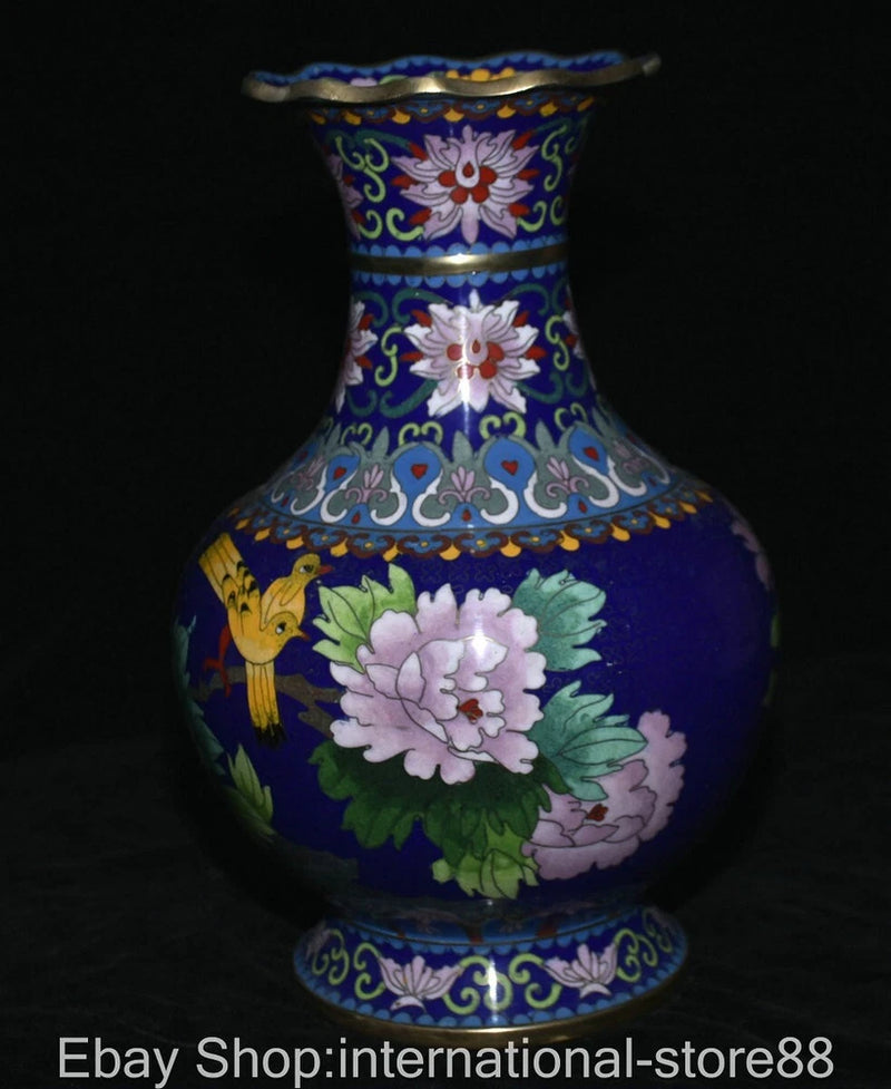 Blue cloisonne enamel bottle vase with peony flower and bird motif