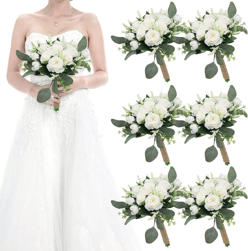 Set of 6 small ivory rose and greenery bridesmaid bouquets with burlap-wrapped stems