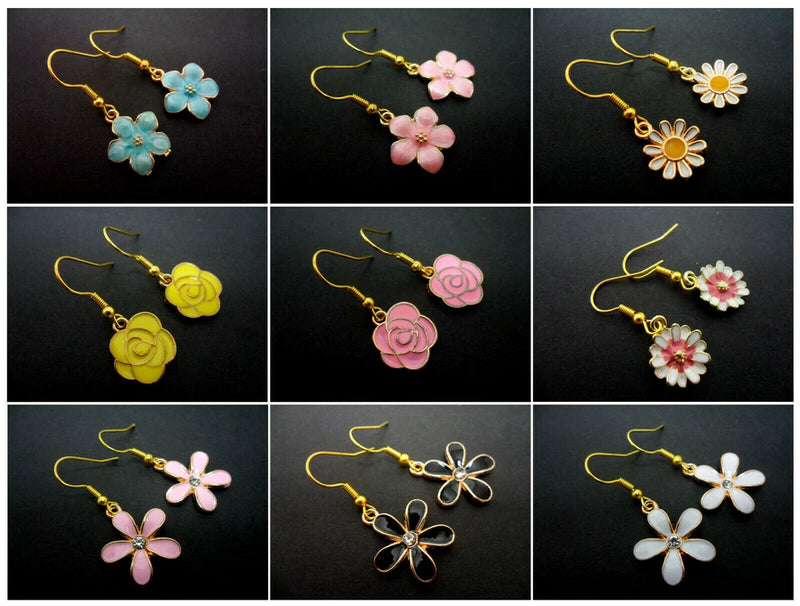 A PAIR OF PRETTY ENAMEL DANGLY FLOWER DAISY SUNFLOWER EARRINGS. Sunflower
