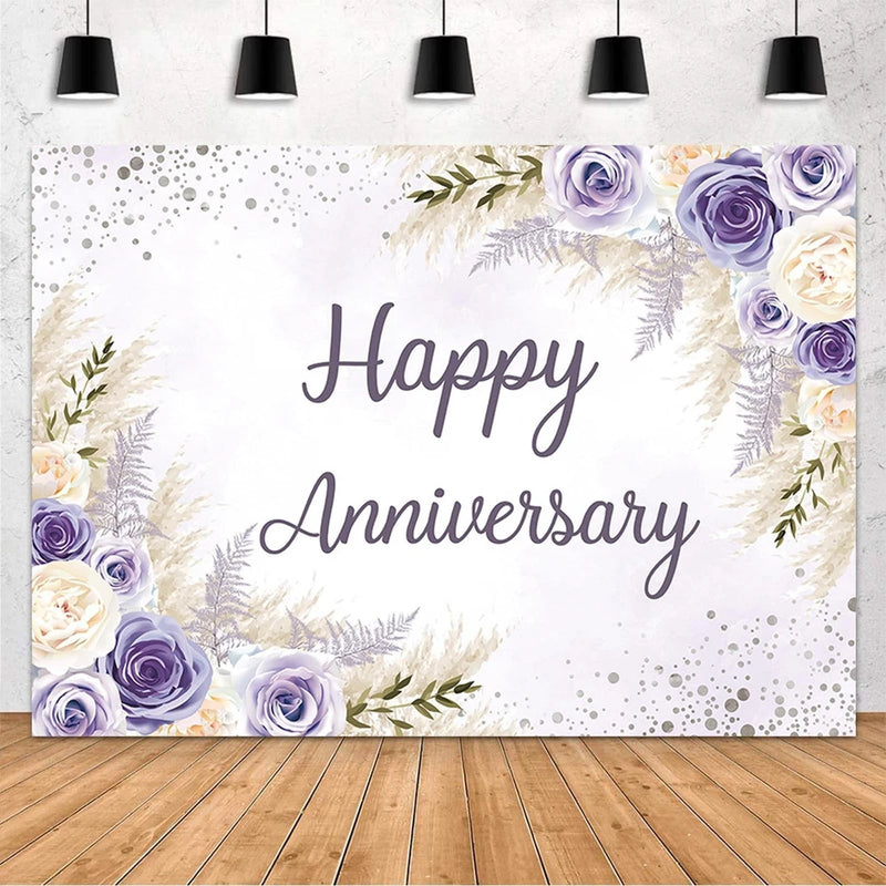 MEHOFOND Boho Happy Anniversary Backdrop Purple Floral Bohemia Pampas Grass A... Pampas Grass