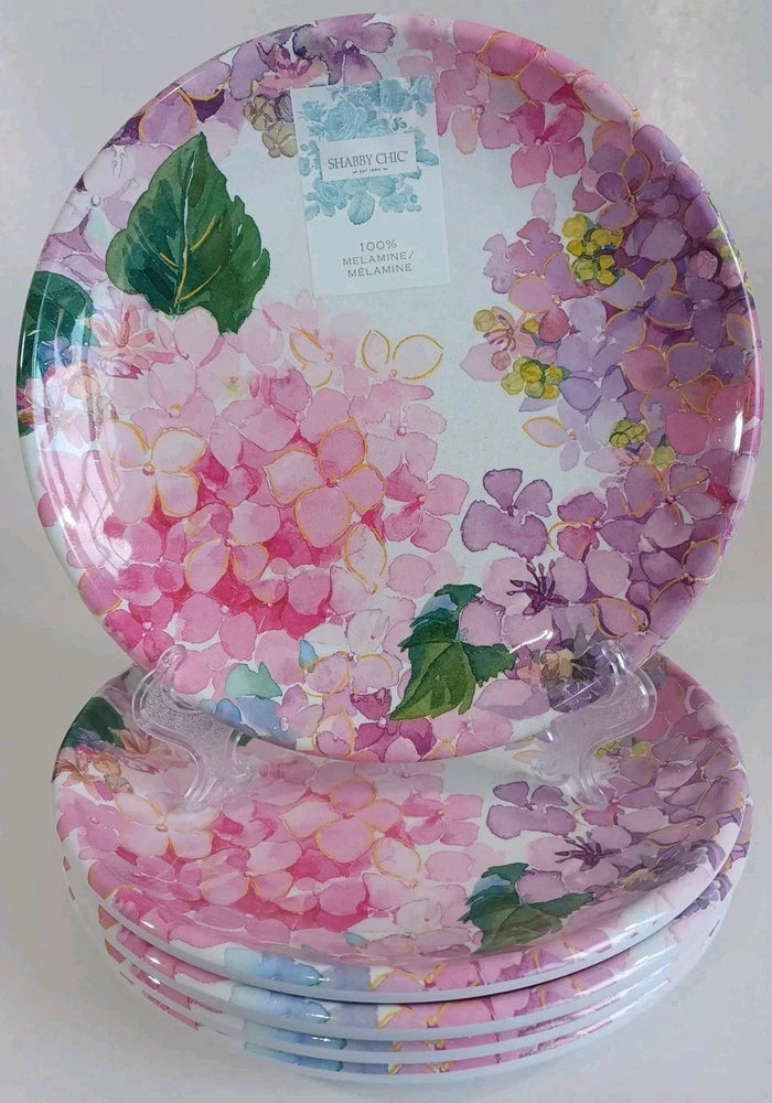 Set / 5 Melamine Salad Plates Floral Pink Hydrangea 9" Vibrant Colors & Glitter Hydrangea