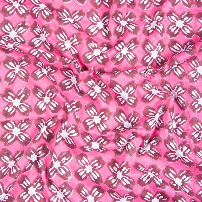 100% Cotton Pink Floral Hand Block Fabric Natural Print Running Fabric 2.5 Yard Flowering Plants