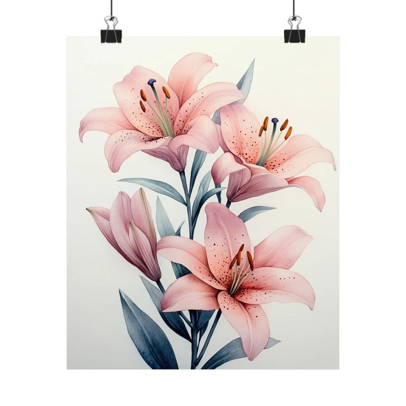 Floral art print poster with pink lily blossoms and green leaves