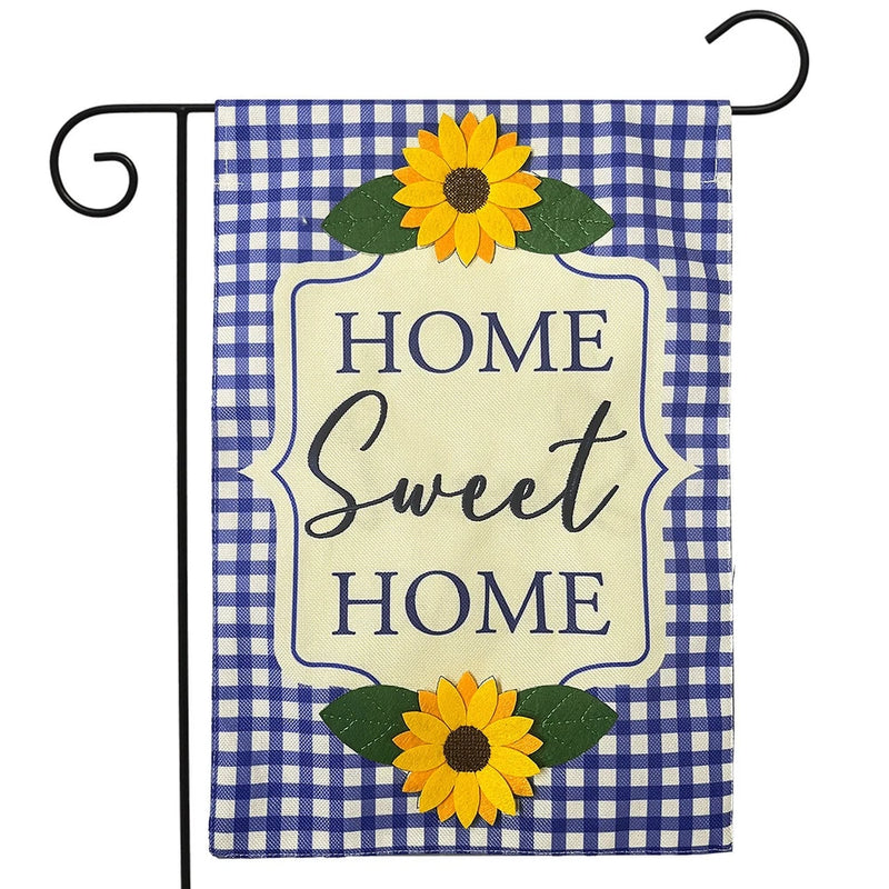 Blue checkered sunflower burlap garden flag with 'HOME Sweet HOME' text
