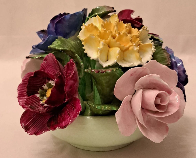 Vtg Denton 1950's Bone China Flower Bouquet In Green Pot England #136 Carnation