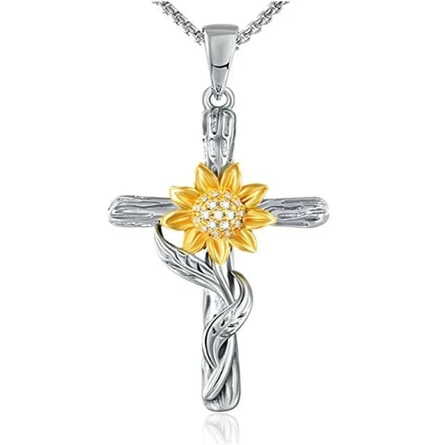 Sunflower cross pendant necklace with gold-tone sunflower and silver-tone twisted cross