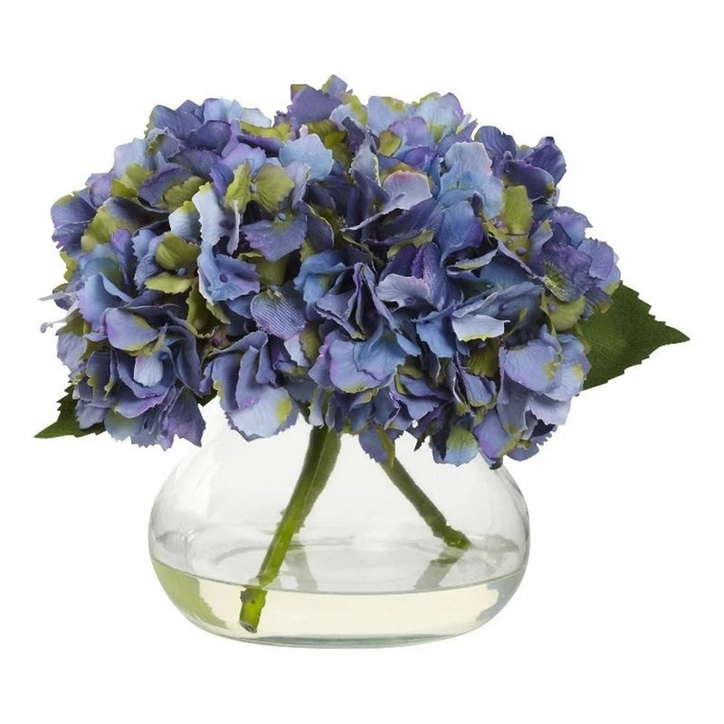 Pemberly Row Blooming Hydrangea with Decorative Vase/Faux Water in Blue/Clear Hydrangea