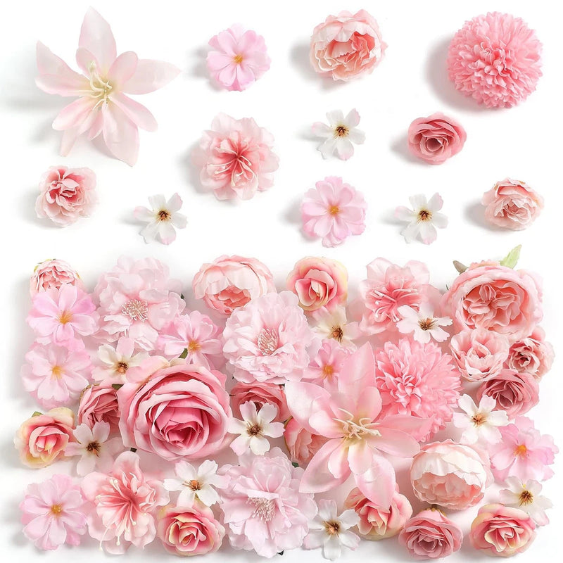 48 Pack Pink Fake Silk Artificial Roses Peonies Daisies Mini Floral Heads Peony