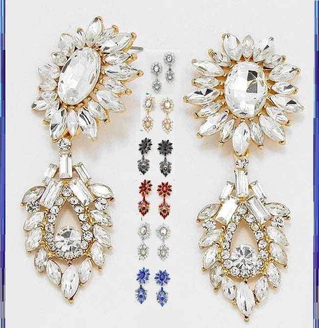 Gold-tone crystal rhinestone floral drop dangle pierced earrings