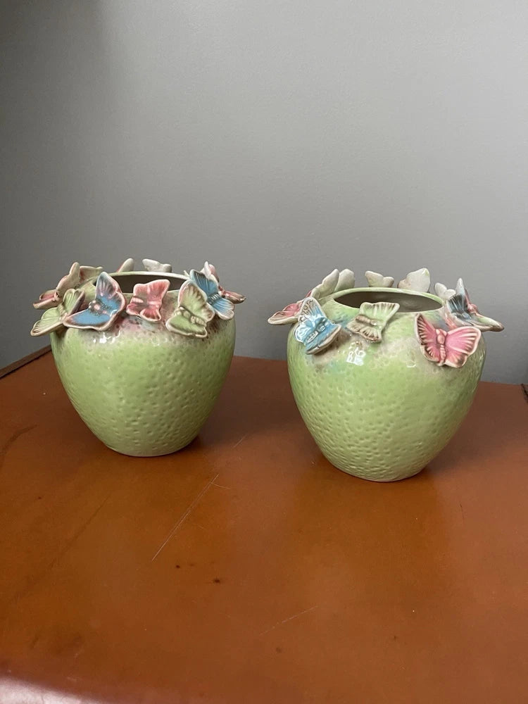 Cracker Barrel ceramic planter pot set, light green with 3D butterfly fairy details