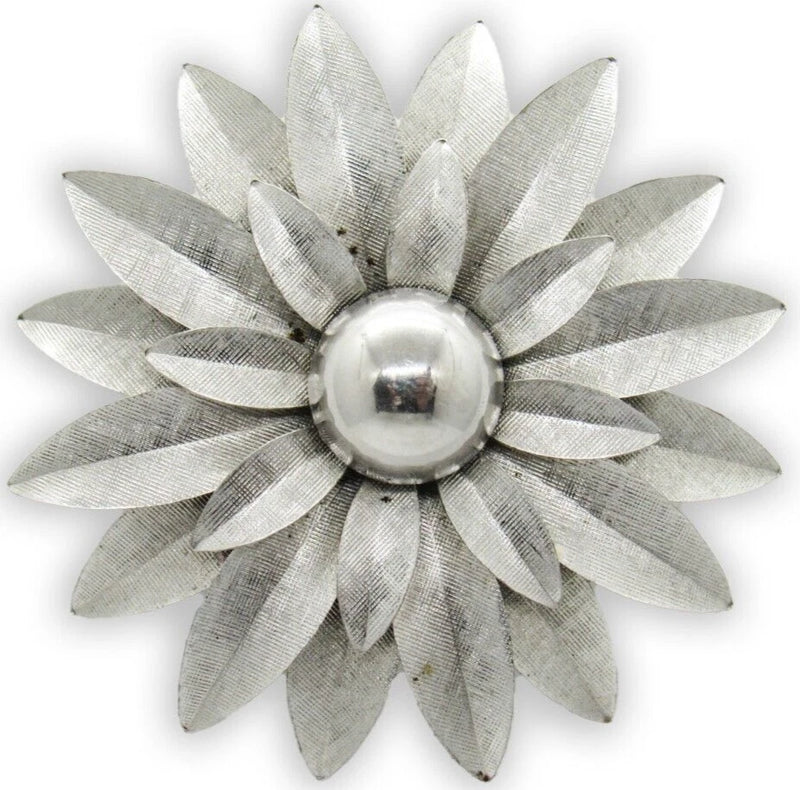 Large Vintage 2" Daisy Flower Silver Tone Pinback Brooch Sunflower Floral Lapel Sunflower