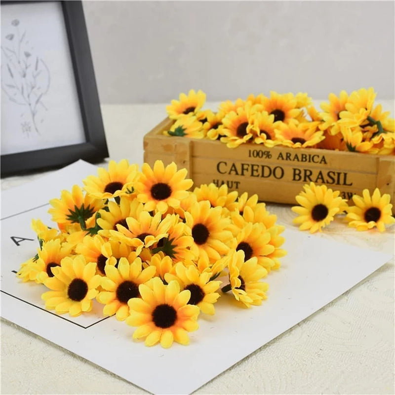 Mini artificial sunflower heads, yellow petals with dark centers for fabric craft decor