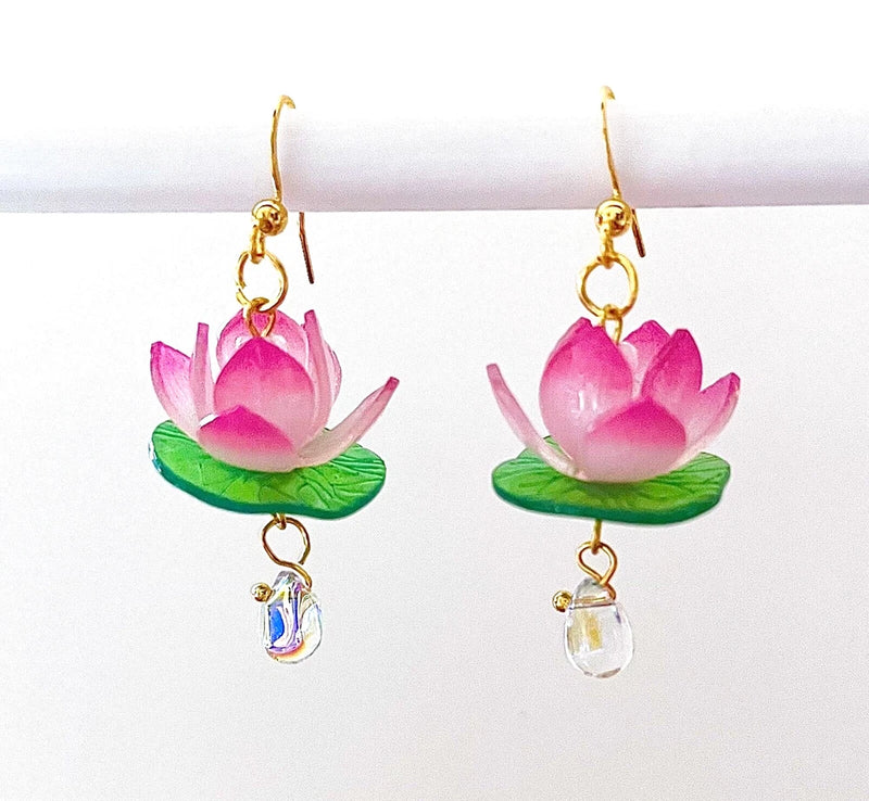 WATER LILY EARRINGS-LOTUS FLOWER EARRINGS-BOHEMIAN-PINK/GREEN-GOLD PLATE #653 Lily