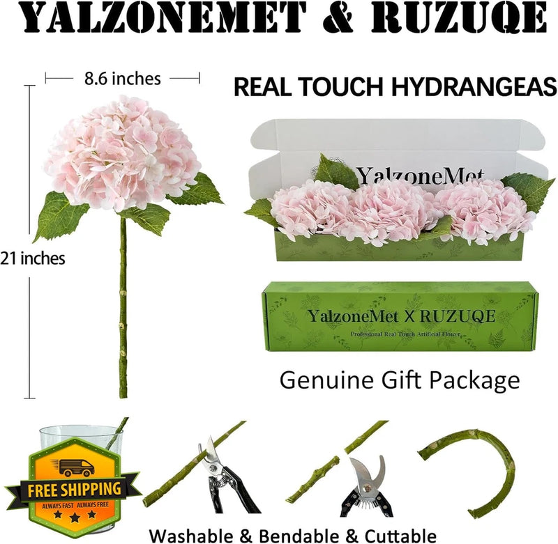 YalzoneMet 3 PC Light Pink Hydrangea Flowers, 21in Real Touch Latex Hydrangea