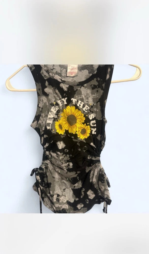 Women's "Live by the Sun" with Large Sunflowers Tank Top - Gray and BLACK S  505 Sunflower