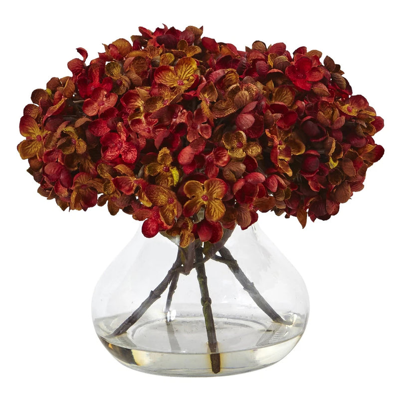 Rust Hydrangea Faux Silk Flower Arrangement in Glass Vase Autumn Home Decor Hydrangea