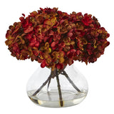 Rust Hydrangea Faux Silk Flower Arrangement in Glass Vase Autumn Home Decor Hydrangea