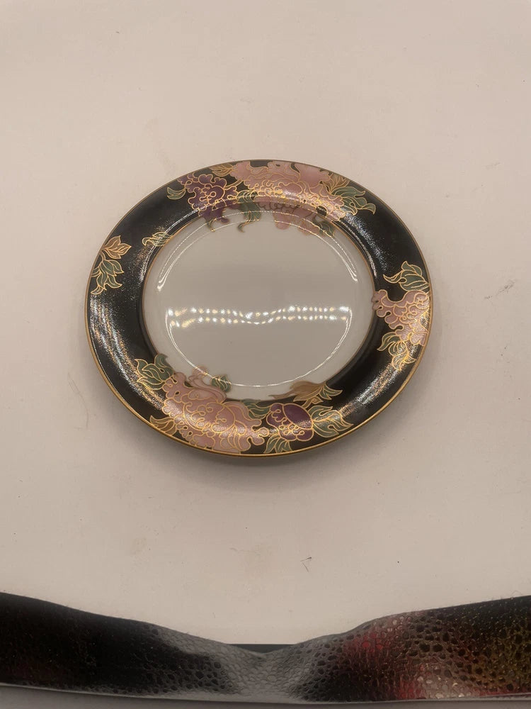 FITZ & FLOYD CLOISONNE PEONY BLACK FLORAL 7.5" SALAD PLATE, EXCELLENT CONDITION Peony