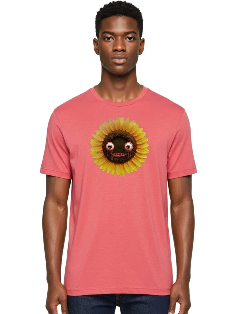 Men's pink cotton graphic tee with crying sunflower face at center