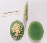 3 Vintage Hong Kong Wedgwood Green Flower Bouquet 40x30mm. Oval Resin Cameos 170 Bouquet
