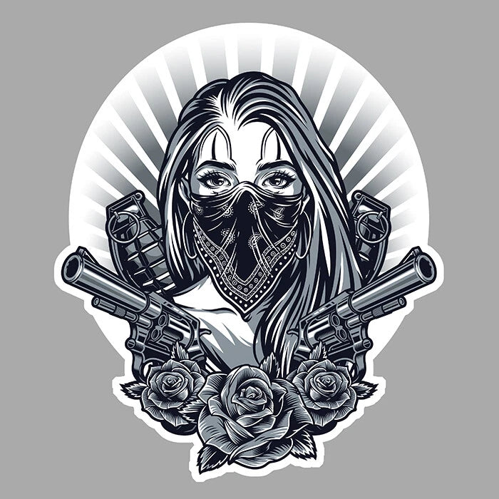 Women face tattoo sticker with roses and dual revolver guns