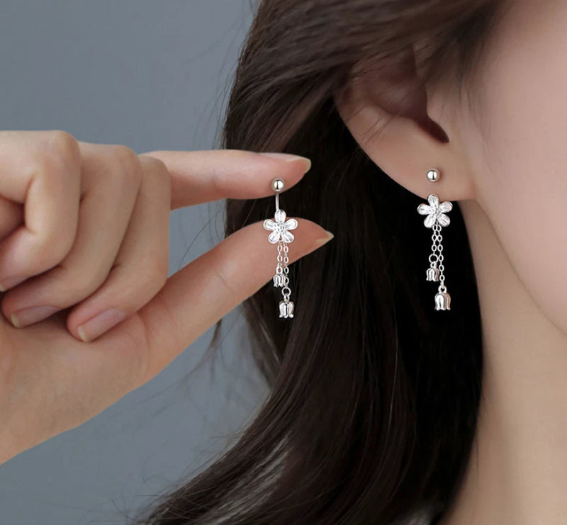Lily Flower Floral Tassel Dangle Design Earrings With Silver Screw Back PE Lily