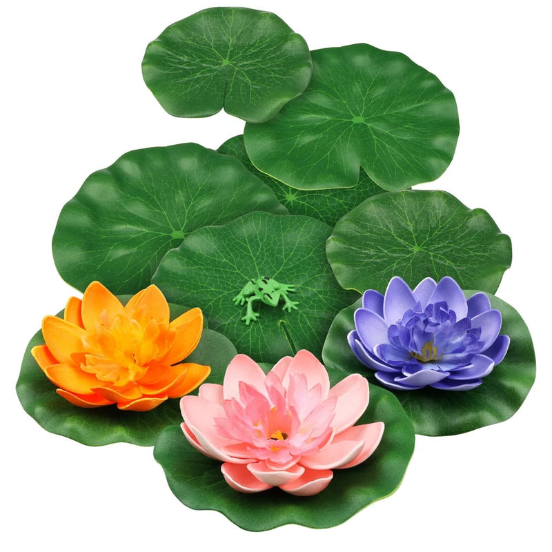 Artificial floating lotus flowers with lily pads; orange, pink, and purple blossoms