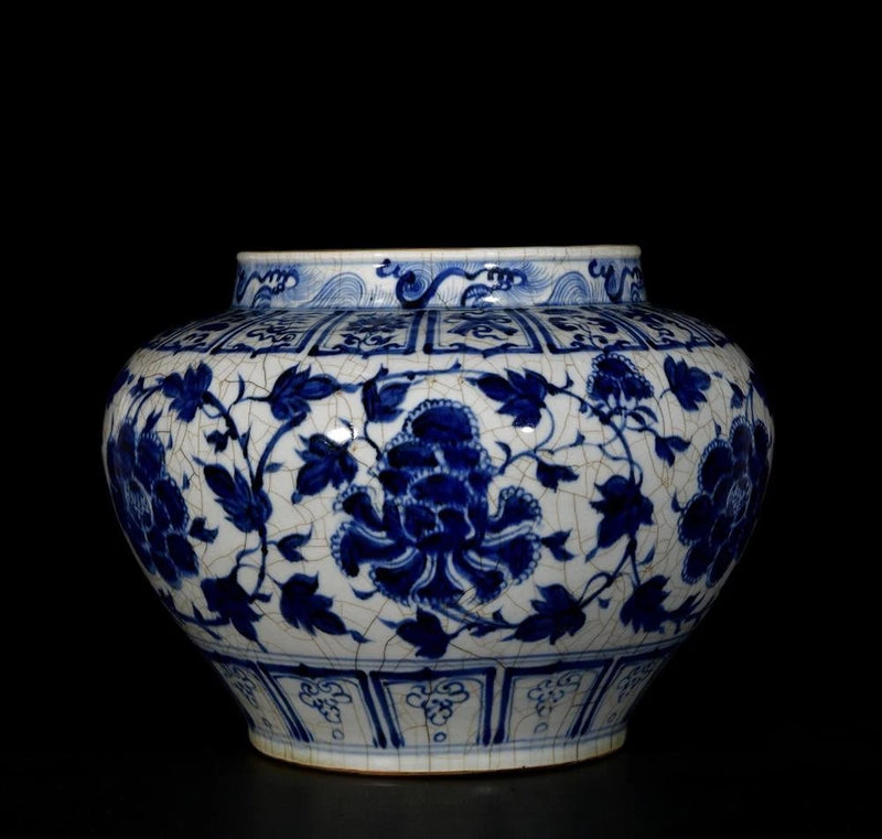 26CM Old Chinese Blue and White Pot Jar W/peony flower U564 Peony