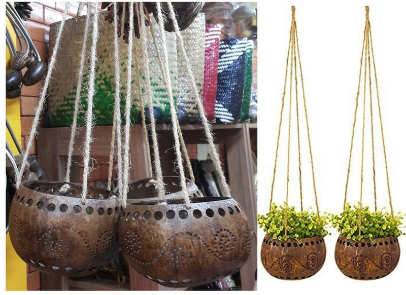 Coconut shell hanging planters with rope straps, natural brown with cutout pattern (2 pcs)