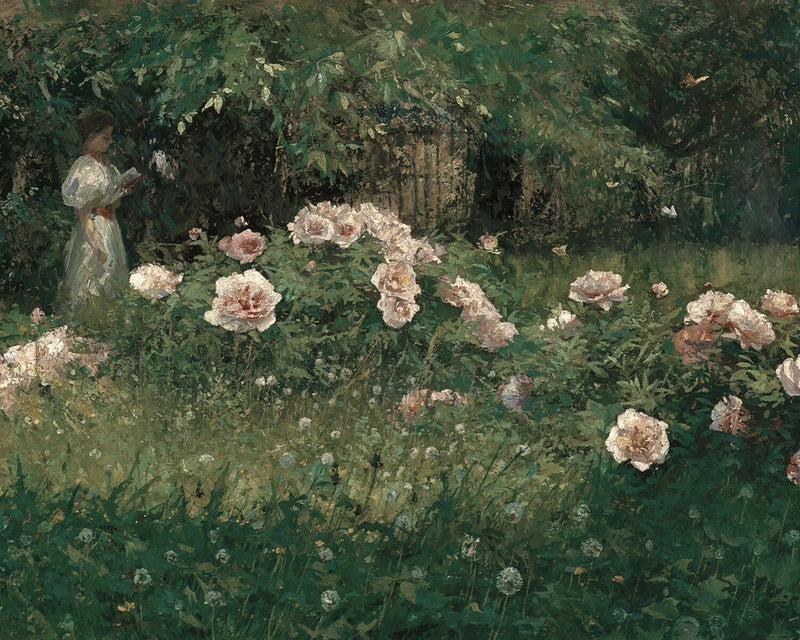 Rose garden landscape giclee print on fine art paper, pale pink roses and green foliage