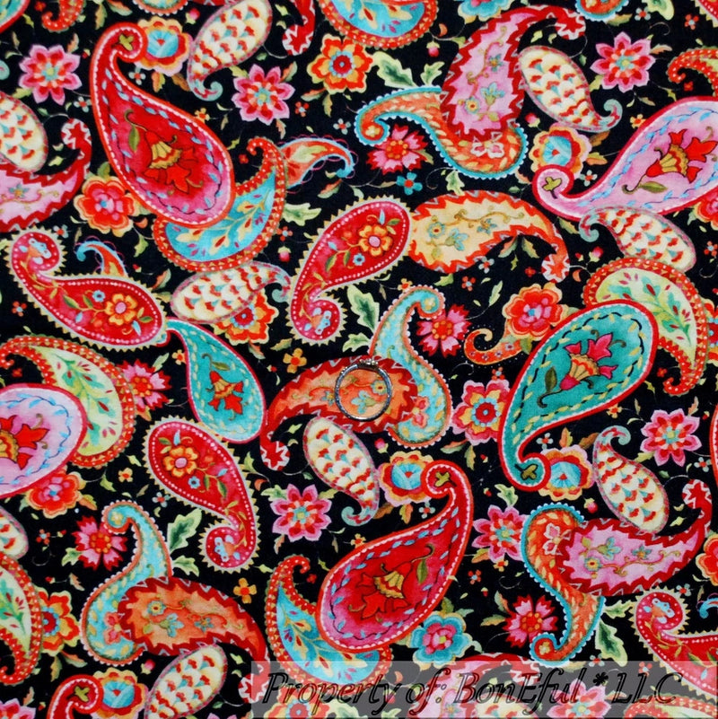 BonEful Fabric FQ Cotton Quilt VTG Black Red Green Paisley Flower Bohemian Girl Flowering Plants