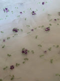 Purple Little Flower Buds on White Embroidered Organza Fabric Flowering Plants