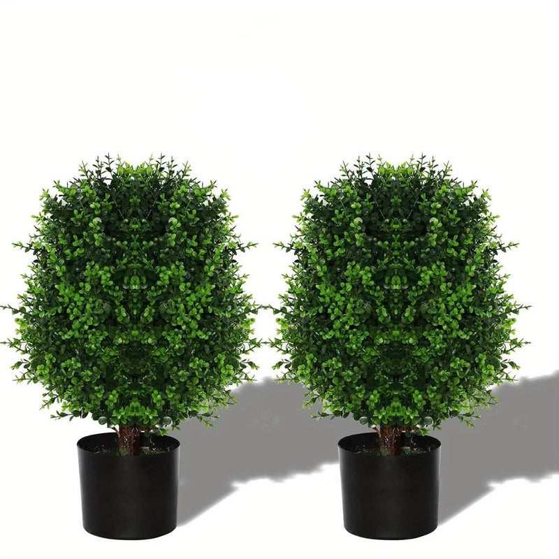Set of 2 artificial green potted cedar-style shrubs in black round planters