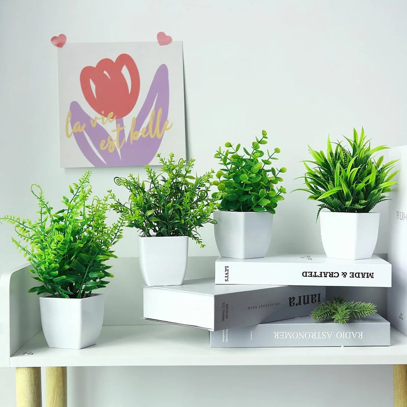 4 Pcs Fake Plants Potted Small Artificial Plants Indoor Faux Plants in White Pot Green Plant