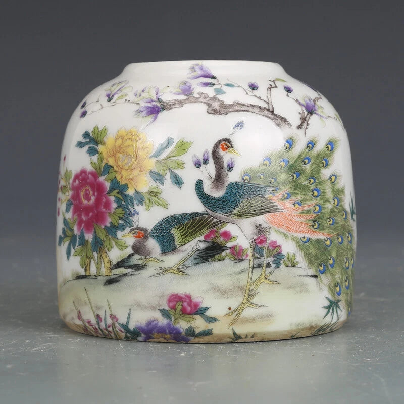 3.5" Chinese Famille Rose Porcelain Animal Peacock Peafowl Peony Flower Pot Peony
