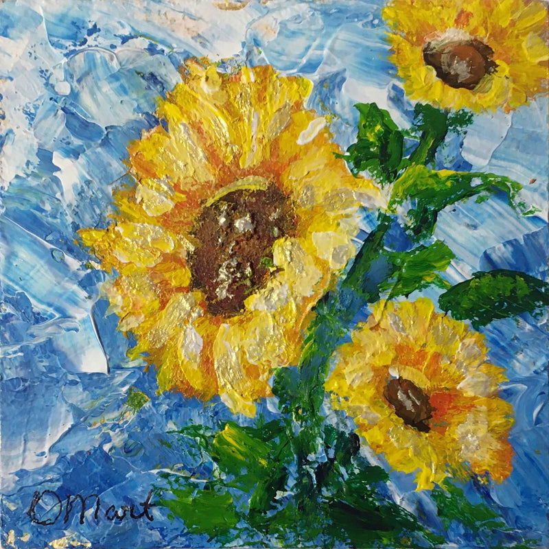 Sunflower original painting with yellow impasto flowers and green leaves