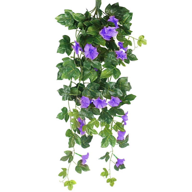 Artificial hanging flower vine with green leaves and purple morning glory-style blooms
