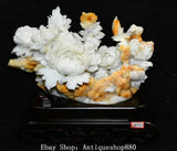 13.4'' Chinese Natural Xiu Jade Carving Fengshui Peony Flower Statue Sculpture Peony