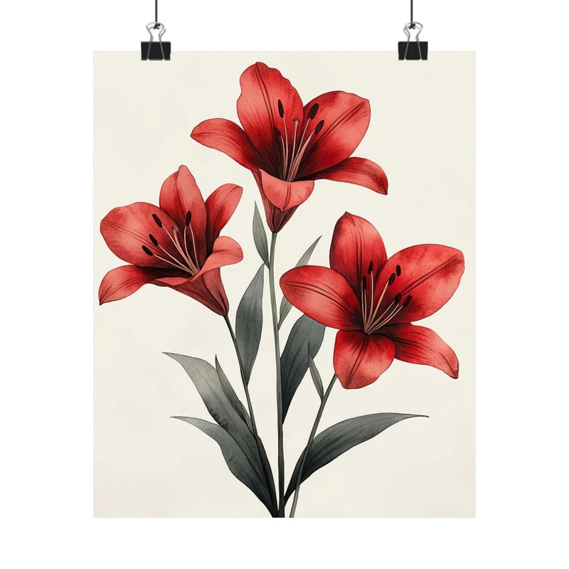 Red tiger lily flower art print poster with four blossoms and dark green leaves