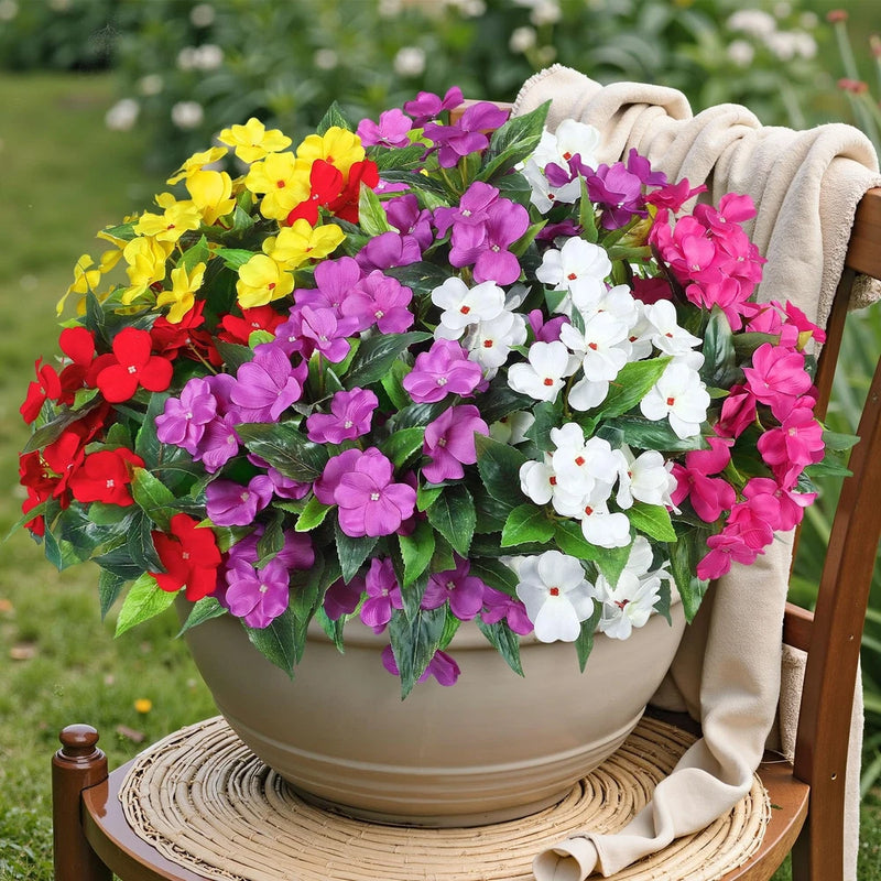 6 Bundles Artificial Impatiens Flowers for Outdoors Decoration, Silk Flowers Bouquet