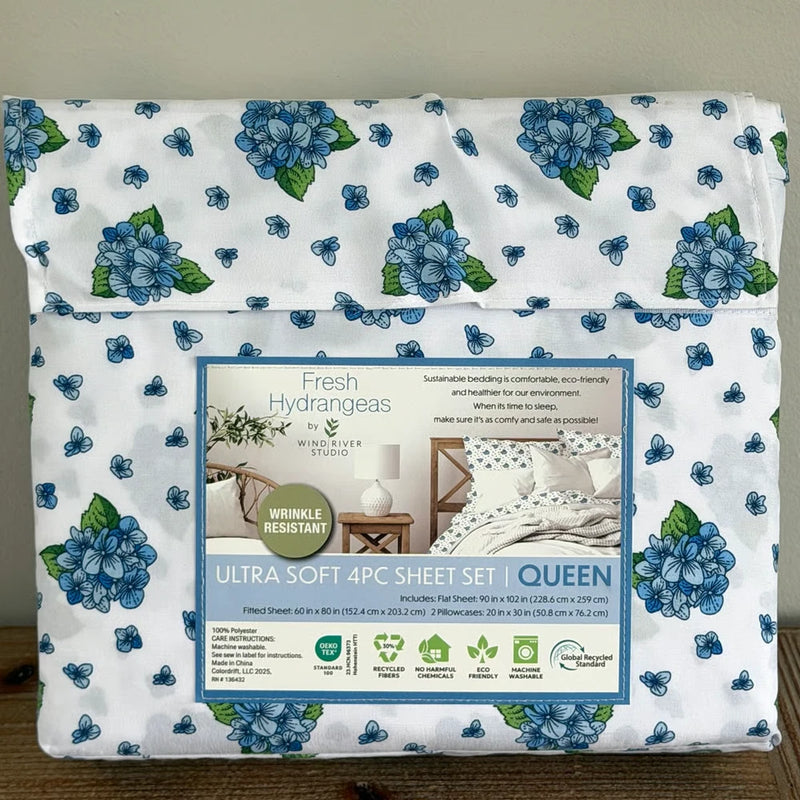 FRESH HYDRANGEAS Wrinkle Resistant Queen Sheet Set by Wind River Studio NWT Hydrangea