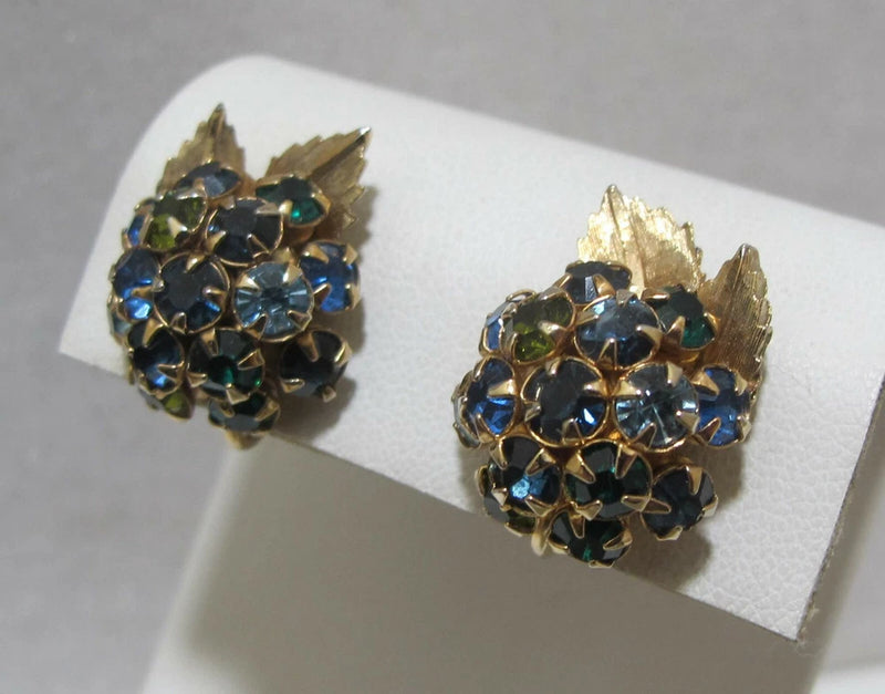 Vtg Blue & Green Rhinestone HYDRANGEA Flower Gold Tone Leaves Clip Earrings Hydrangea