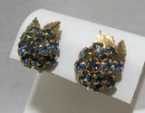 Vtg Blue & Green Rhinestone HYDRANGEA Flower Gold Tone Leaves Clip Earrings Hydrangea